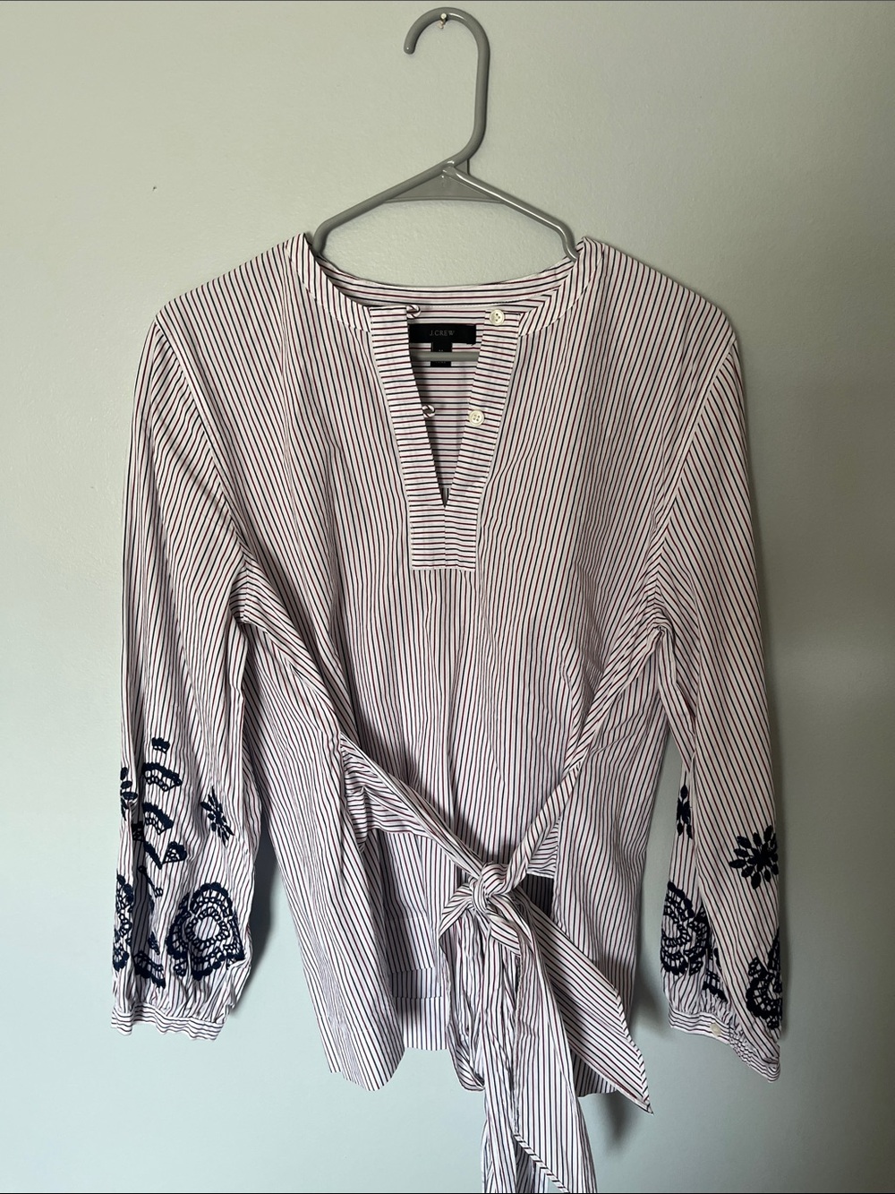 J. Crew Pink and White Striped Tie-Waist Blouse with Navy Embroidery